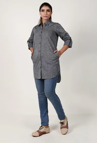 Slate Grey Textured Handloom Cotton Asymmetrical Shirt