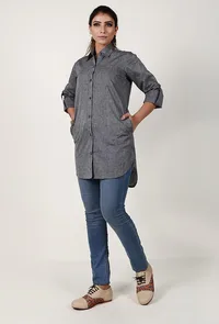 Slate Grey Textured Handloom Cotton Asymmetrical Shirt image 1