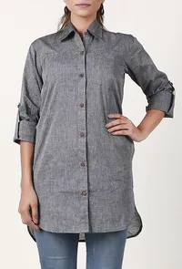 Slate Grey Textured Handloom Cotton Asymmetrical Shirt image 2