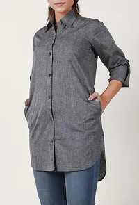 Slate Grey Textured Handloom Cotton Asymmetrical Shirt image 3