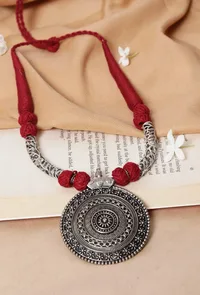 German Silver Premium Quality Designer Sheild Shapped Pendant With Maroon Thread Ball With Dori Necklace image 1