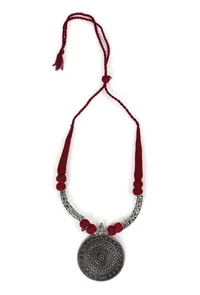 German Silver Premium Quality Designer Sheild Shapped Pendant With Maroon Thread Ball With Dori Necklace image 2