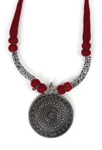 German Silver Premium Quality Designer Sheild Shapped Pendant With Maroon Thread Ball With Dori Necklace image 3