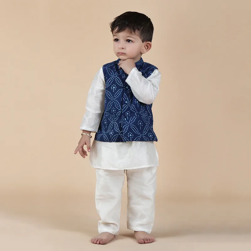 Set Of 3: Mika Off-White Chanderi Kurta, Pyjama & Indigo Printed Cotton Nehru Jacket