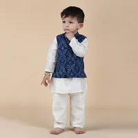 Set Of 3: Mika Off-White Chanderi Kurta, Pyjama & Indigo Printed Cotton Nehru Jacket image 1