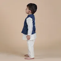 Set Of 3: Mika Off-White Chanderi Kurta, Pyjama & Indigo Printed Cotton Nehru Jacket image 2