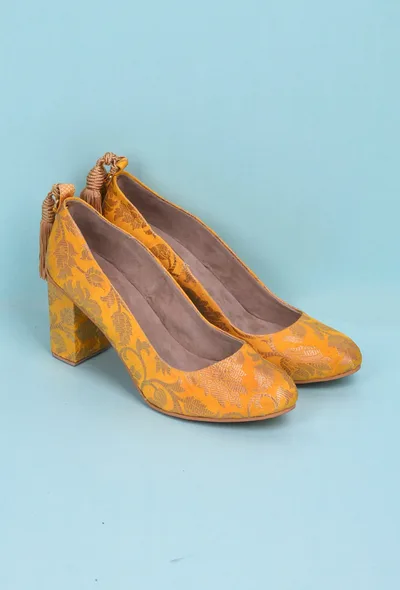 Yellow Brocade Block Heel