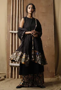 Set Of 3: Black Kurta With Kalamkari Palazzos And Dupatta image 1