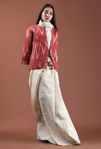 Zinnia Carmine Red Quilted Ikat & Kalamkari Reversible Front-Open Short Jacket image 1