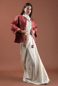 Zinnia Carmine Red Quilted Ikat & Kalamkari Reversible Front-Open Short Jacket image 2