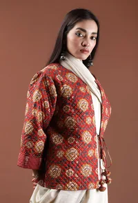 Zinnia Carmine Red Quilted Ikat & Kalamkari Reversible Front-Open Short Jacket image 4