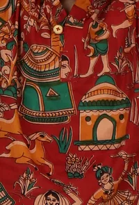 Set Of 2: Laksh Red Kalamkari Printed Cotton Kurta & Maroon Red Pyjama image 4