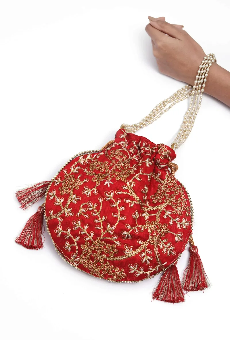 Scarlet Red Embroidered Silk Potli