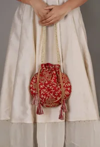 Scarlet Red Embroidered Silk Potli image 2