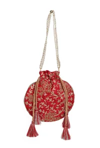 Scarlet Red Embroidered Silk Potli image 3