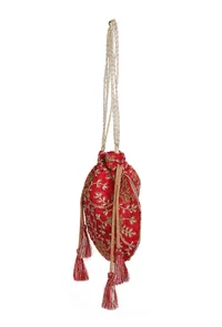 Scarlet Red Embroidered Silk Potli image 4