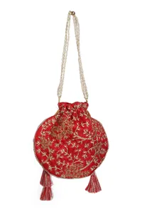 Scarlet Red Embroidered Silk Potli image 5