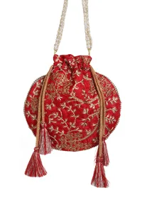 Scarlet Red Embroidered Silk Potli image 6