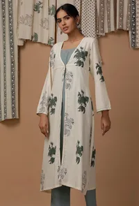 Off White Floral Handblock Cotton Flex Cape image 1