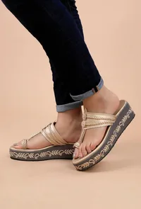 Golden Hand Embroidered Kolhapuri Inspired Wedges image 1