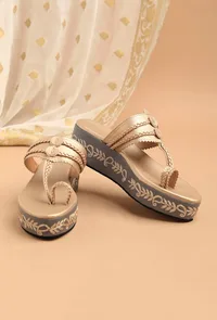 Golden Hand Embroidered Kolhapuri Inspired Wedges image 2
