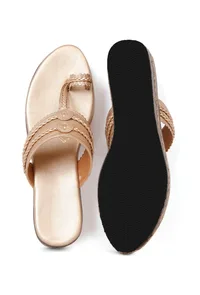 Golden Hand Embroidered Kolhapuri Inspired Wedges image 4