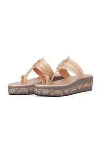 Golden Hand Embroidered Kolhapuri Inspired Wedges image 5