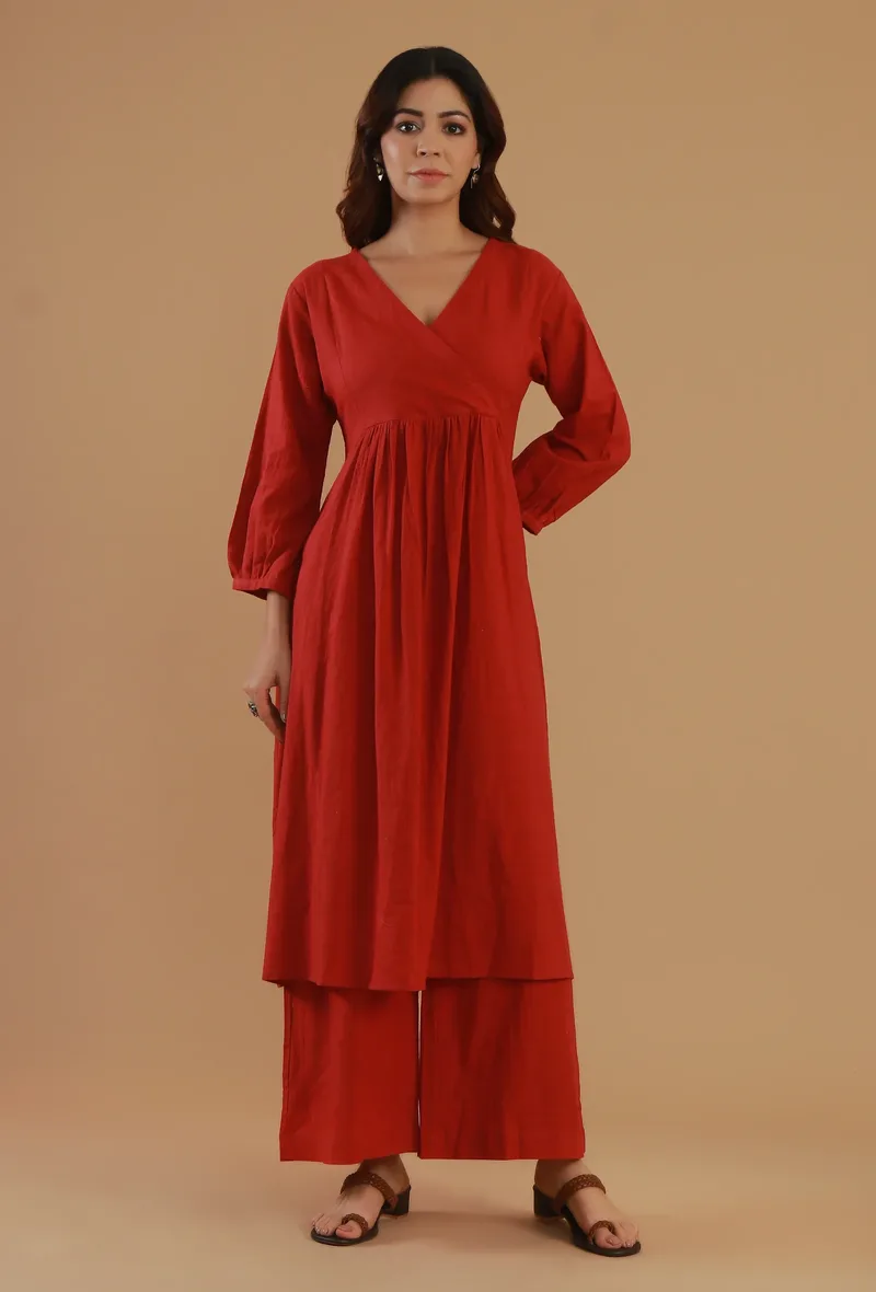 Set of 2: Rust Cotton Wrap Kurta with Straight Pants