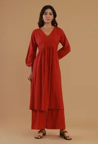 Set of 2: Rust Cotton Wrap Kurta with Straight Pants image 1