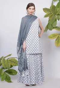 Set of-3 Powder Blue Criss Cross Hand-Block Printed Straight Fit Cotton Slip and Cotton Hanblock Print Palazzo with Powder Blue Hand-Block Printed  Kota Tasseled  Dupatta image 1