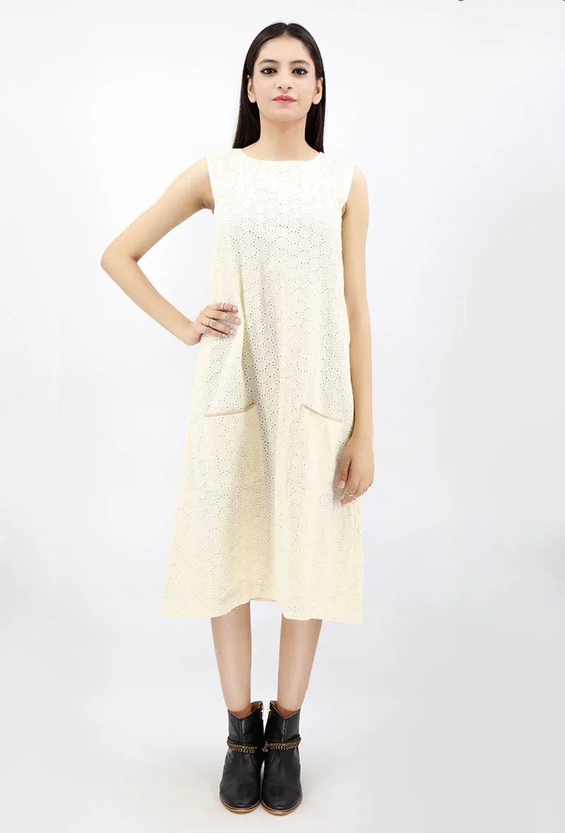 Off White Schiffli Cotton Dress With Pockets
