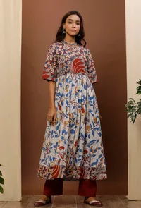 Beige & White Kalamkari Flared Cotton Kurta image 1