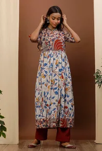 Beige & White Kalamkari Flared Cotton Kurta image 2