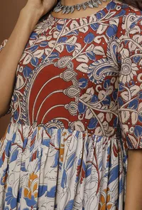 Beige & White Kalamkari Flared Cotton Kurta image 5