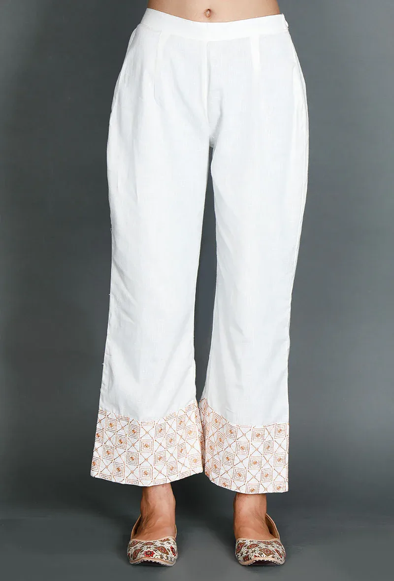White Palazzos With Mustard Kantha Embroidery