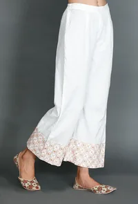 White Palazzos With Mustard Kantha Embroidery image 2