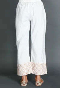 White Palazzos With Mustard Kantha Embroidery image 3