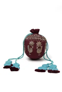 Maroon Dupion Silk Potli with Blue Strings image 2
