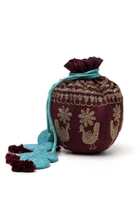 Maroon Dupion Silk Potli with Blue Strings image 3