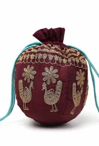 Maroon Dupion Silk Potli with Blue Strings image 4