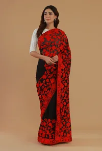Floral Embroidered Black Georgette Saree with Unstitched Blouse image 1