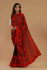 Floral Embroidered Black Georgette Saree with Unstitched Blouse image 2