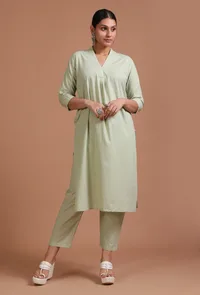 Set Of 2: Mint Green Cotton Plain Kurta & Pant Set image 1