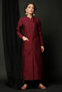 Set  of 2 : Wine Raw Silk Achkan and Wine Pants image 1