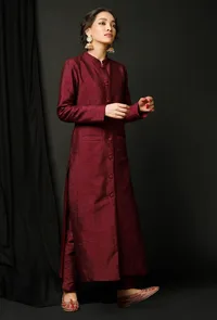 Set  of 2 : Wine Raw Silk Achkan and Wine Pants image 2