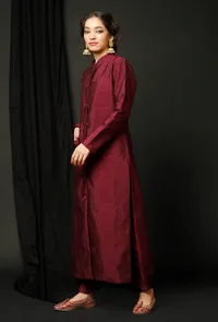 Set  of 2 : Wine Raw Silk Achkan and Wine Pants image 3