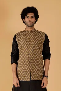 Olive Green Ajrakh Print Cotton Sleeveless Over Lapped Nehru Jacket image 1