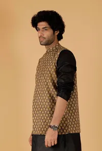 Olive Green Ajrakh Print Cotton Sleeveless Over Lapped Nehru Jacket image 2