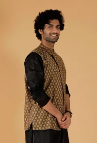 Olive Green Ajrakh Print Cotton Sleeveless Over Lapped Nehru Jacket image 3