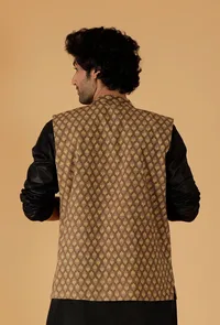 Olive Green Ajrakh Print Cotton Sleeveless Over Lapped Nehru Jacket image 4